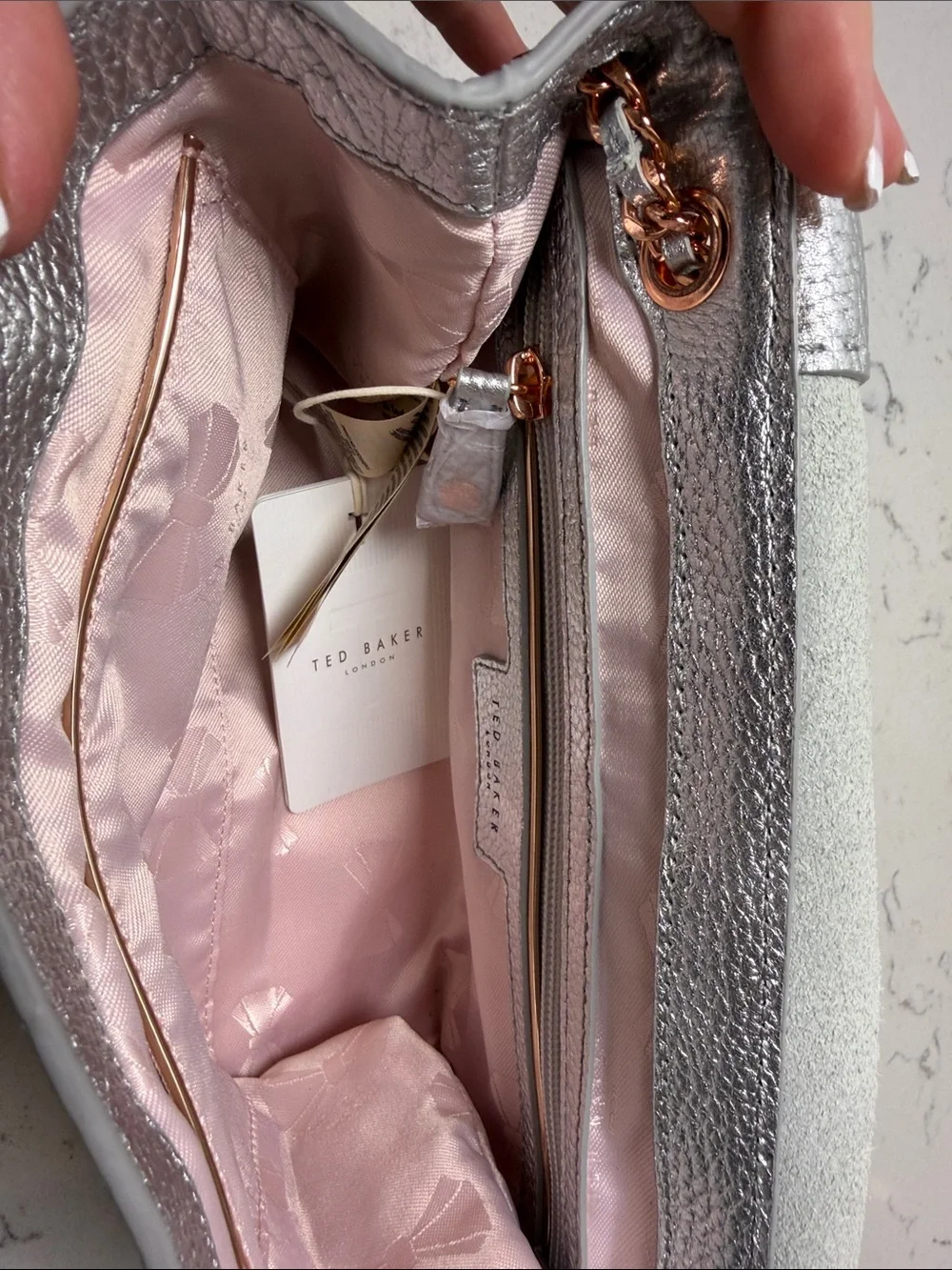 NWT Ted Baker London Parson Pebbled Metallic Silver Leather Crossbody Bag